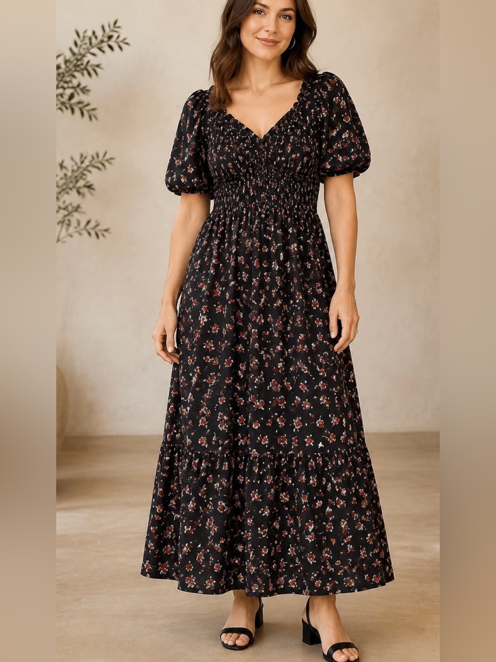 Mikarose 1X Black Floral Smocked V-Neck Puff Sleeve Maxi Dress